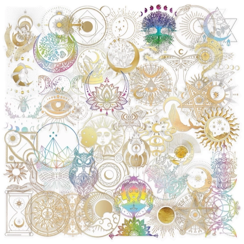 Adesivi PET Mistici Celesti in Lamina d'Oro Olografici Sole Luna Occhio Decalcomanie Decorative Impermeabili Per Scrapbooking Journal