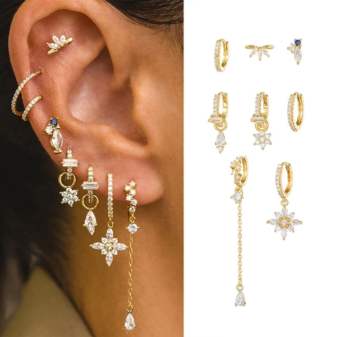 Elegant Flower Zirconia Tassel Earring Set Brass 18K Gold Plated For Women 925 Sterling Silver Post Fashion Jewelry Gift