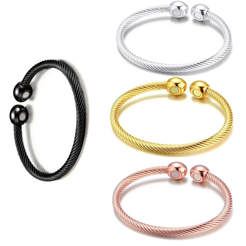 Magnetic Therapy Stainless Steel Twisted Wire Open Bangle Cuff Bracelet Adjustable Hip Hop Punk Fashion Jewelry