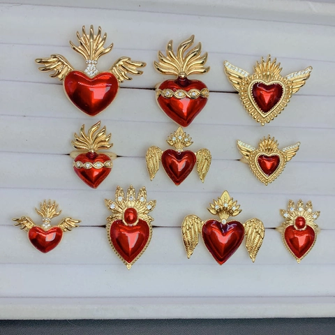 Gothic Heiliges Herz Flügel Ring Kupfer 18K Vergoldet Rot Emaille Zirkonia Verstellbarer Offener Ring Vintage Schmuck Damen