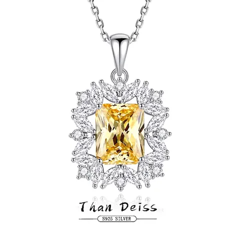 Luxurious S925 Sterling Silver Radiant Cut Yellow Rhinestone Pendant Necklace For Women Elegant Halo Jewelry For Banquet Party