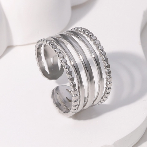 Stainless Steel Multi Layer Open Adjustable Ring Geometric Beaded Design Simple Fashion Jewelry For Women
