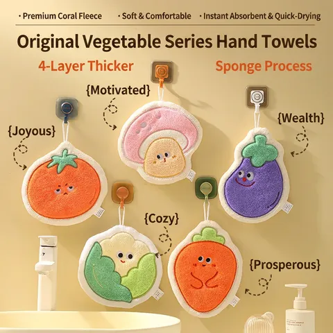 Serviettes À Mains En Forme De Légumes Dessin Animé Épais Absorbant Molleton Corail Suspendre Cuisine Salle De Bain Doux