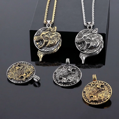 Viking Wolf Head Pendant Necklace Stainless Steel Nordic Runes Fenrir Double Wolf Retro Punk Domineering Men Jewelry