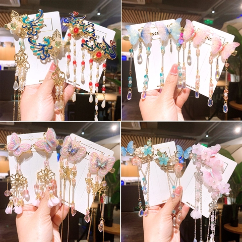 Kids Ancient Style Hair Clips Butterfly Flower Long Tassel Fringe Hanfu Traditional Chinese Style Girls Hair Accessories
