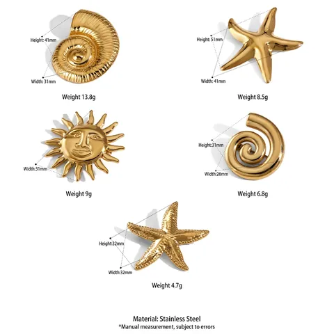 Marine Ocean Starfish Nautilus Shell Sun Face Brooches PVD Gold Plated Stainless Steel Non Tarnish Jewelry
