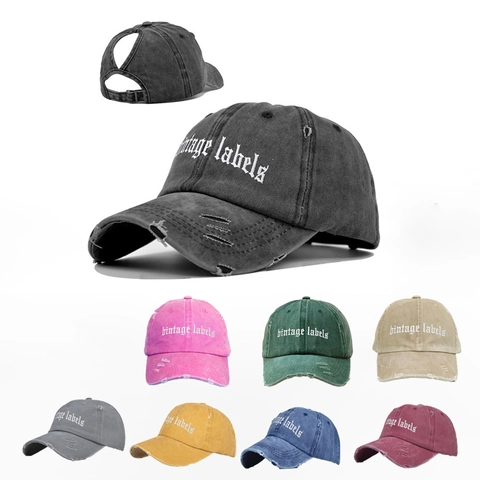 Cappello Da Baseball In Cotone Lavato Distressed Foro Coda Di Cavallo Ricamo Vintage Labels Cappello Sole Regolabile All Aperto