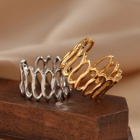 Wavy Hollow Open Ring 316 Stainless Steel PVD Gold Plated Adjustable Geometric Minimalist Waterproof Fashion Jewelry For Women