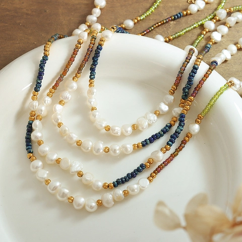 Bohemian Freshwater Pearl Beaded Necklace For Women Titanium Steel 18K Gold Plated Glass Beads Handmade Jewelry Aesthetic Vintage
