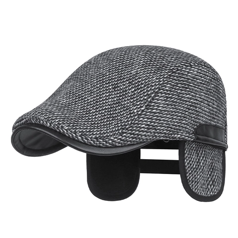 Heren Winter Flat Cap Tweed Wollen Pet Met Oorkleppen Fleecegevoerd Warm Patchwork Kunstleer