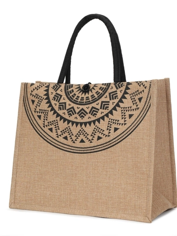 Ethnic Jute Tote Bag Large Capacity Burlap Handbag With Geometric Pattern And Button Closure For Women Bohemian Style