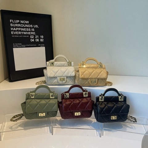 Quilted Rhombus PU Leather Crossbody Bag With Metal Handle Chain Strap Small Square Handbag For Women Vintage Chic