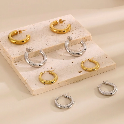 Vintage Hoop Earrings For Women Stainless Steel Gold Plated Retro C Shape Textured Geometric Jewelry High Polish