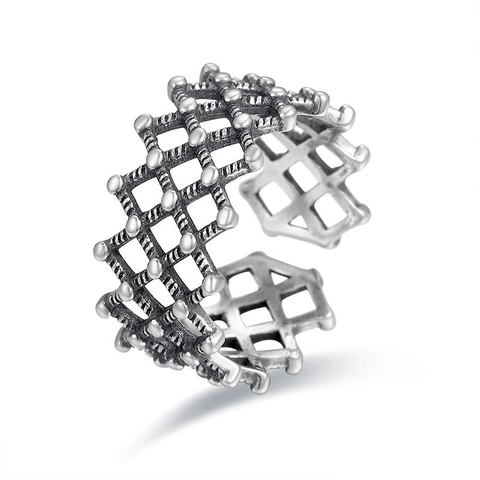 Anello Aperto In Argento Sterling 925 Trama A Traliccio Texture Intrecciata Regolabile Stile Retro Vintage