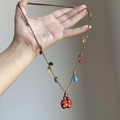 Collana Con Ciondolo A Forma Di Mela Rossa Cartoon Con Corda Intrecciata Marrone E Perline Colorate Gioielli Y2K