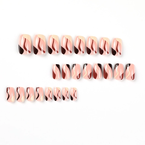 Press On Nails Abstract Brown Wave Design Medium Square Shape Glossy Retro French Style Artificial Manicure For Women