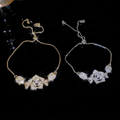 Rose Flower Adjustable Bracelet Copper With Sparkly Pave Zircon Leaf Elegant French Style Light Luxury Jewelry Women