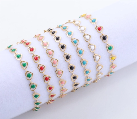 Bracciale a Cuore in Smalto Placcato Oro 18K Acciaio Inossidabile Braccialetto a Catena a Cuore Gocciolante Colorato Gioielli Unisex