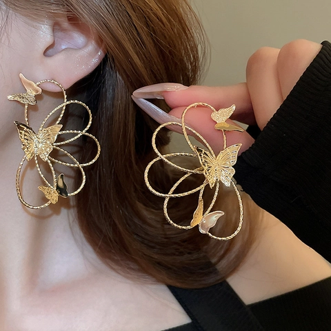 Hollow Line Butterfly Earrings Alloy With 925 Sterling Silver Earring Post Retro Geometric Trendy Jewelry For Women