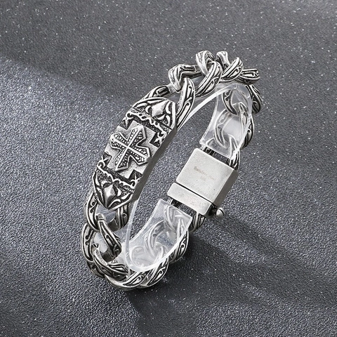 Pulsera De Cadena De Eslabones Para Hombre Acero Inoxidable 316L Patrón De Relieve De Cruz Gótica Vintage