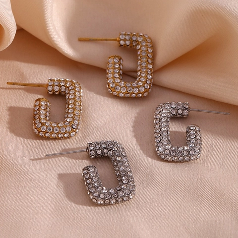 Pendientes De Aro Rectangulares De Acero Inoxidable Chapado En Oro 18K Con Circonitas Para Mujer