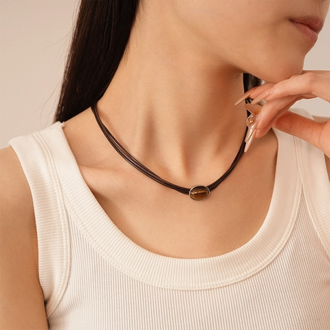 Collana Con Ciondolo Vintage In Pietra Occhio Di Tigre Artificiale Ovale Cordino In Pelle Multistrato Lega Gioielli Geometrici