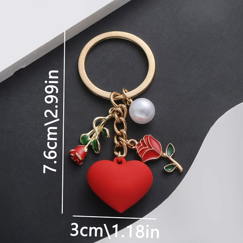 Rode Hart Roos Kunstparel Hanger Sleutelhanger Zinklegering Goudkleur Metaal Tas Charm Accessoires Voor Vrouwen Meisjes Zoet