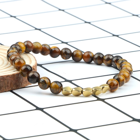 Beaded Bracelet Lava Stone Tiger Eye With Gold Irregular Metal Beads Elastic Stretch Jewelry For Men