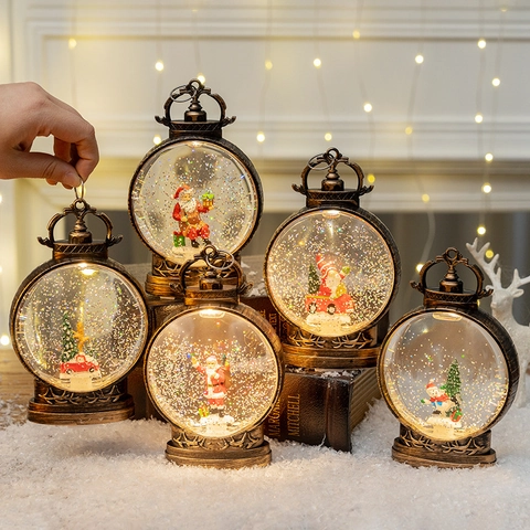Christmas Snow Globe Lantern LED Lighted Water Lantern Vintage Bronze Style Santa Claus Snowman Desktop Holiday Decor