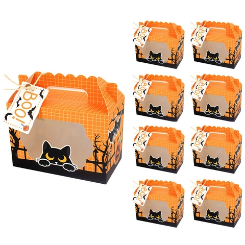 Halloween Candy Gift Boxes Cardboard Portable Handle Window Pumpkin Ghost Skull Black Cat Party Favors