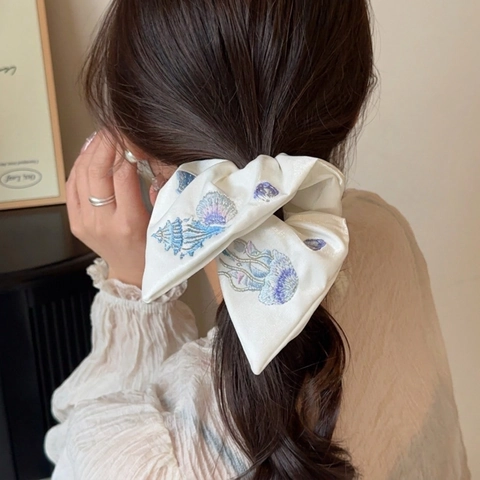 Coletero Bordado Tema Marino Satén Terciopelo Lazo Para Mujeres Accesorios De Cabello Elegantes Diseño De Medusa Concha