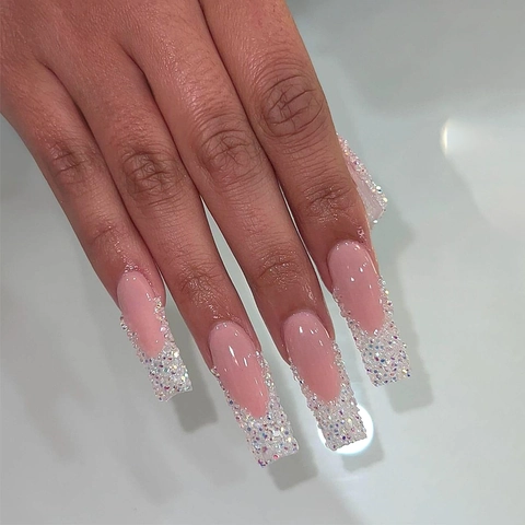 Eleganti Unghie Press On Coffin Lunghe French Tip Glitter Strass Unghie Finte Con Colla Gelatina E Lima Per Donne