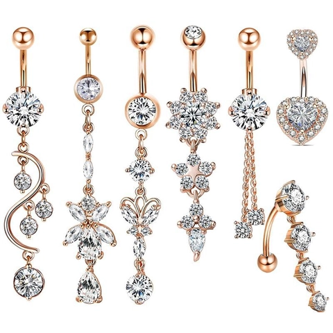 Stainless Steel Rhinestone Belly Button Rings For Women Heart Butterfly Flower Tassel Dangle Navel Piercing Jewelry Collection