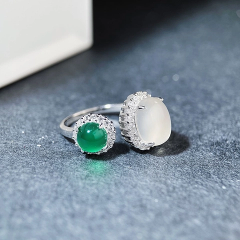 Anillo Abierto de Plata de Ley S925 para Mujer Calcedonia Verde Natural Ágata Vintage Elegante Ajustable Incrustado con Diamantes de Imitación