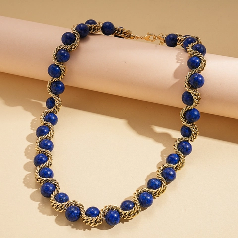 Collar Retro De Cuentas De Piedra Azul Con Cadena De Cuerda Dorada Joyería Elegante Para Mujer