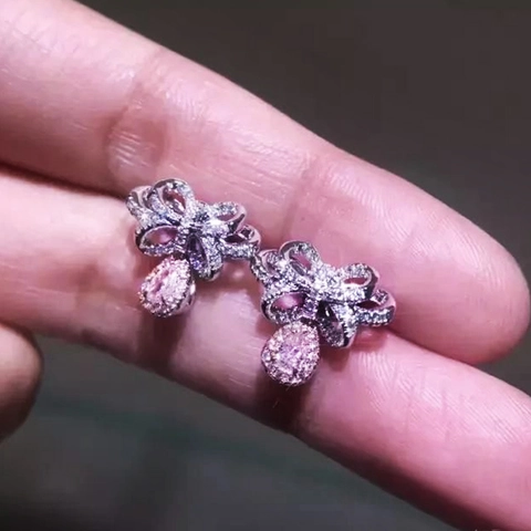 Boucles D'oreilles Pendantes Nœud Base En Cuivre Avec Zircon Rose Goutte D'eau Style Doux Élégant Bijoux Femme