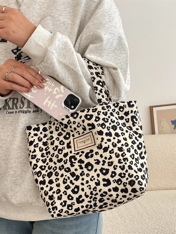 Borsa Tote In Velluto A Coste E Tela Con Stampa Floreale E Leopardo Vintage Grande Capacità Pendolare Per Donne
