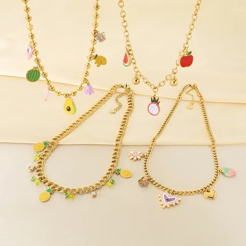 Collier Pendentif Fruits En Émail Acier Inoxydable Plaqué Or Ananas Fraise Chaîne Cubaine Bijoux Pour Femmes