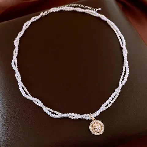 Collar De Doble Capa Vintage Cobre Con Circón E Imitación De Perla Artificial Medallón Estrella De Ocho Puntas Para Mujer