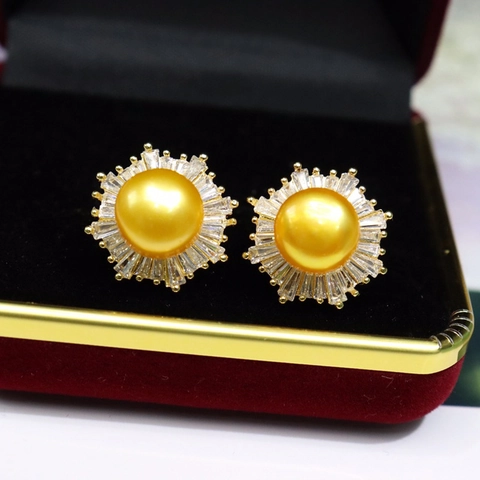 Elegant Freshwater Pearl Stud Earrings With Baguette Zircon Sunburst Halo Sunflower Fashion Jewelry For Women
