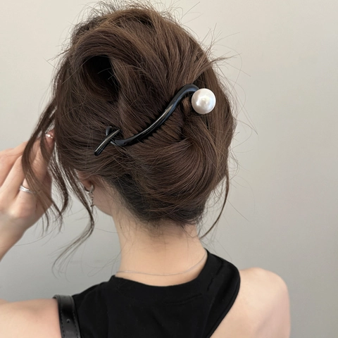 Pinza De Pelo Torcida Elegante Acrílico Perla Artificial Grande Clip De Plátano Estilo Francés Accesorios Para Mujer