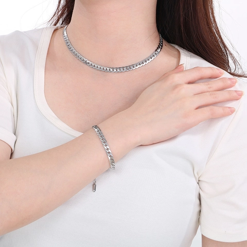 Minimalist Stainless Steel Flat Curb Chain Necklace And Bracelet Trendy Gold Silver Plated Jewelry For Men Women Daily Accessory