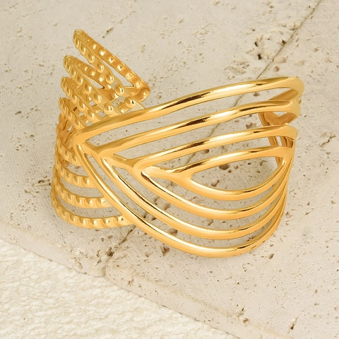 Hohl Mehrlagiges Breit Manschettenarmband Edelstahl Verstellbar Offen Geometrisches Statement Armreif Für Damen