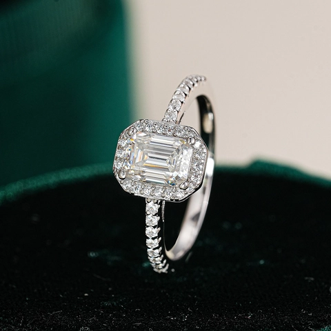 Luxus S925 Sterlingsilber Moissanit Ring Für Damen Smaragdschliff Halo Verlobungsschmuck Silber Geometrischer Fingerring Hochzeit Geschenk