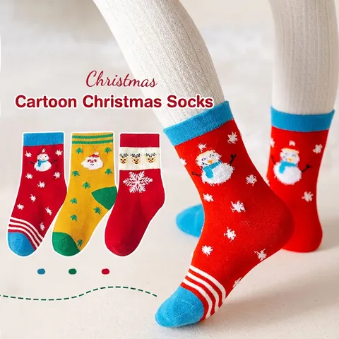 Children Christmas Socks Cotton Knitting Warm Cartoon Santa Snowman Pattern Mid Calf Holiday Gifts Girls Boys