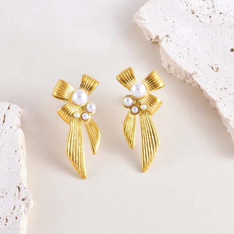 French Retro Stainless Steel Bowknot Artificial Pearl Necklace Earrings Set Gold Plated Elegant Women Jewelry Accessories