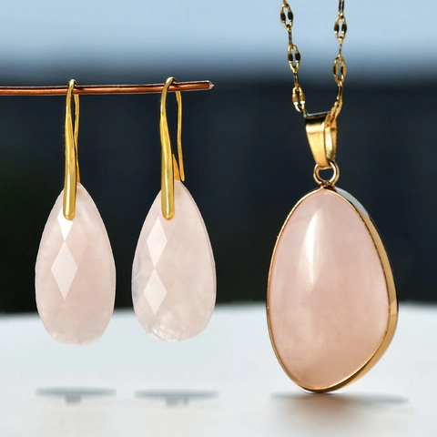 Water Drop Natural Stone Necklace And Earrings Amazonite Rose Quartz Stainless Steel Chain Gold Plated Vintage Women