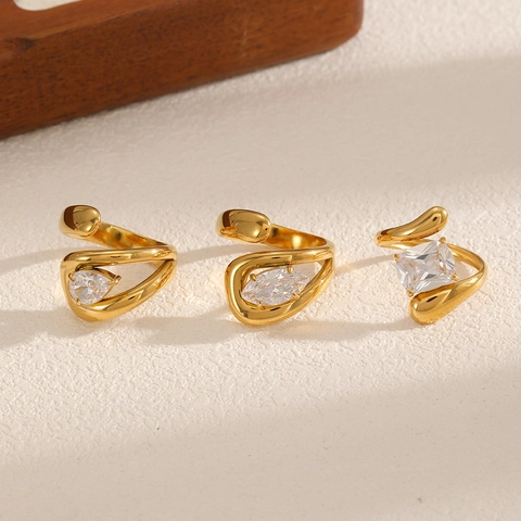Anello Regolabile In Acciaio Inossidabile Placcato Oro 18 Carati Zircone Bianco Forma Pera Quadrata Marquise Donna