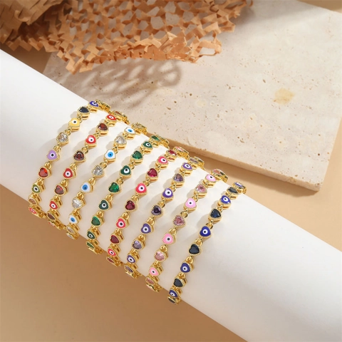 Bracciale Vintage in Rame Oro Cuore Malocchio per Donna Multicolore Zirconia Smalto Bracciale a Maglie Catena a Mano Regolabile