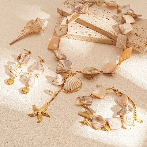 Collar Con Colgante De Estrella De Mar Concha Acero De Titanio Concha Natural Perla Artificial Joyería De Playa Bohemia Para Mujer